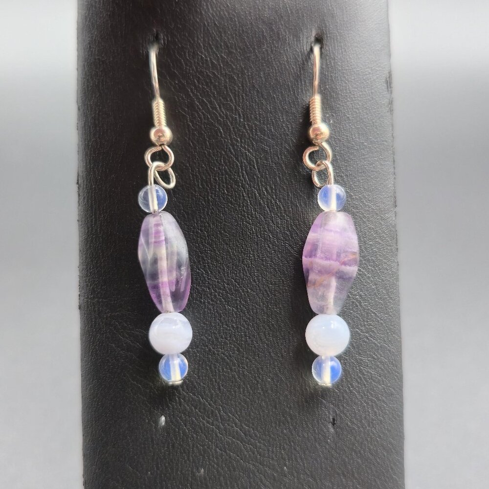 Silver Plated Fluorite And Agate Stones Dangle Earrings A6482